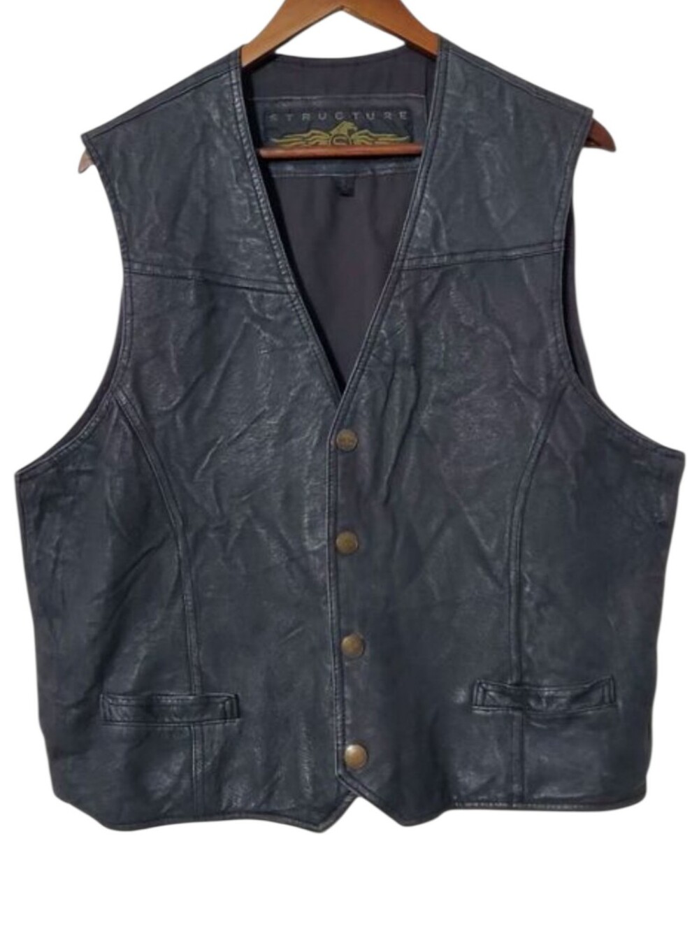 Vintage 90’s Structure Black Leather Snap Biker Vest Size L Mens